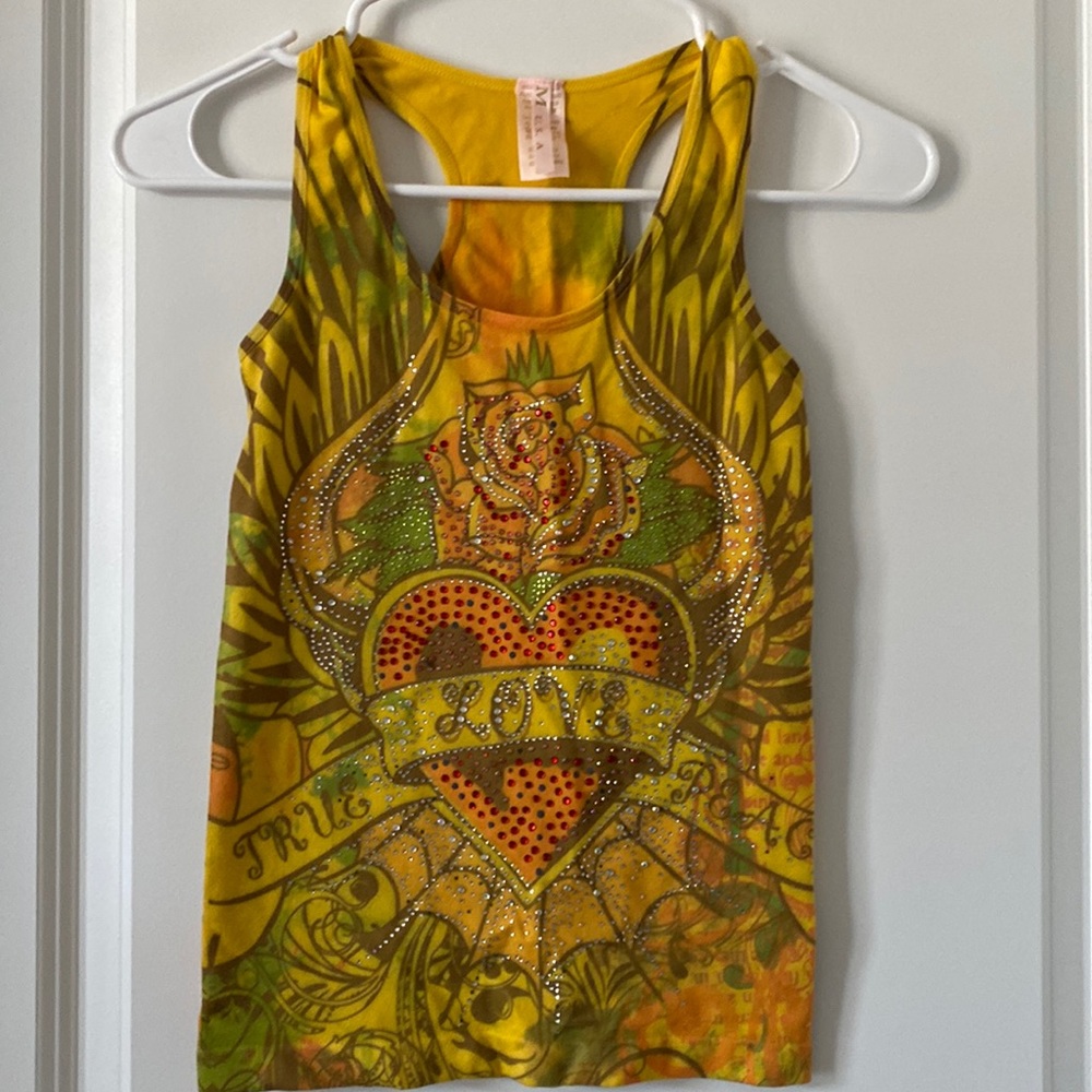 Yellow rhinestone racer back tank top